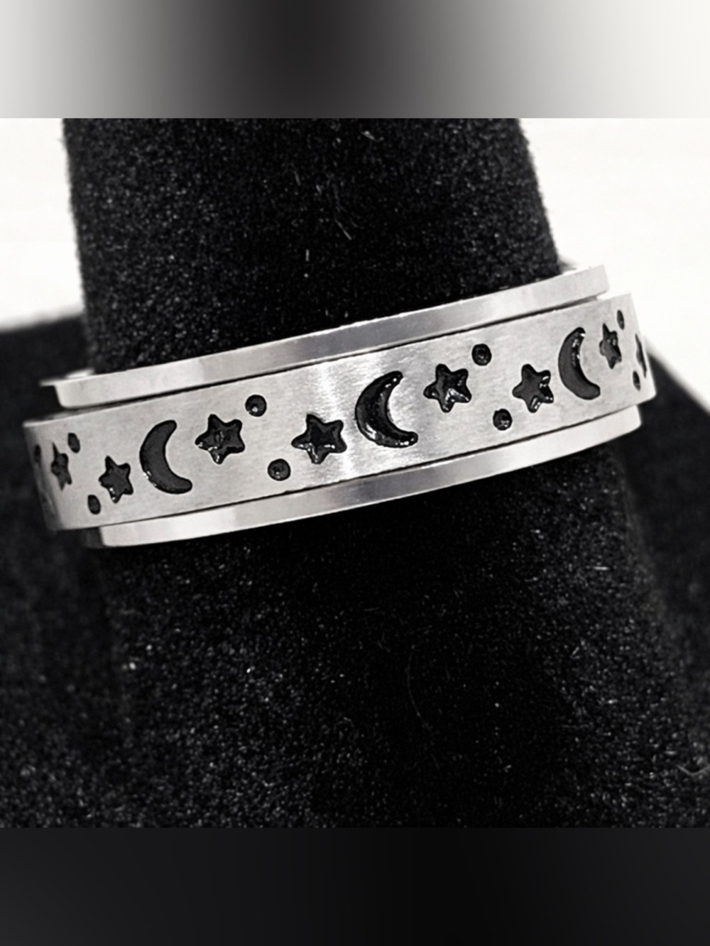 🥳BOGO Fidget Ring Stainless Steel w Black Enamel Moons and Stars | NWT!